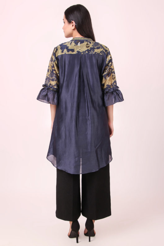 Monk Print Navy Blue Top with Frill Sleeves - Image 3