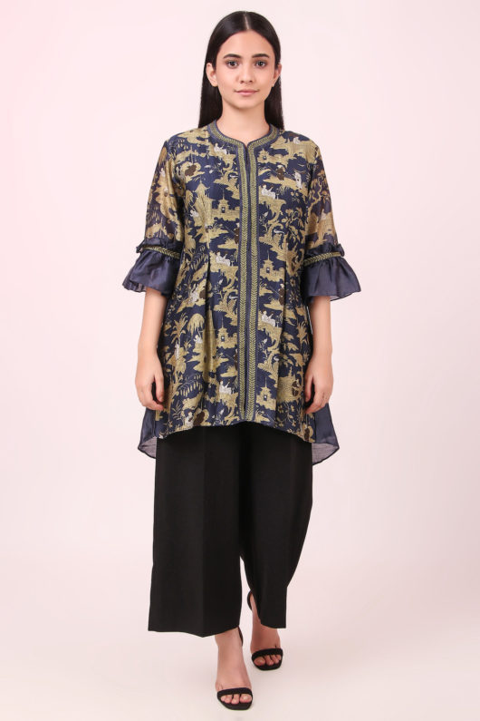Monk Print Navy Blue Top with Frill Sleeves