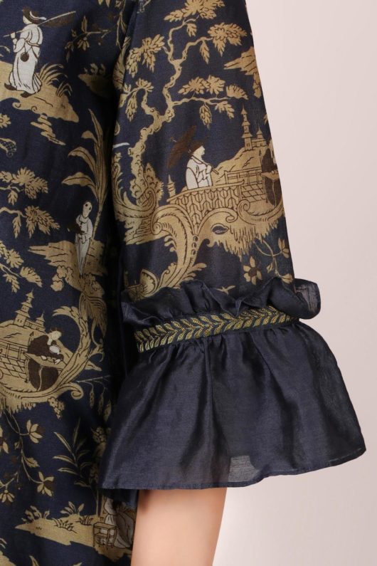 Monk Print Navy Blue Top with Frill Sleeves - Image 4