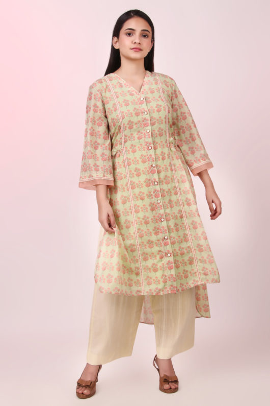 Booti printed front open cotton kurta set