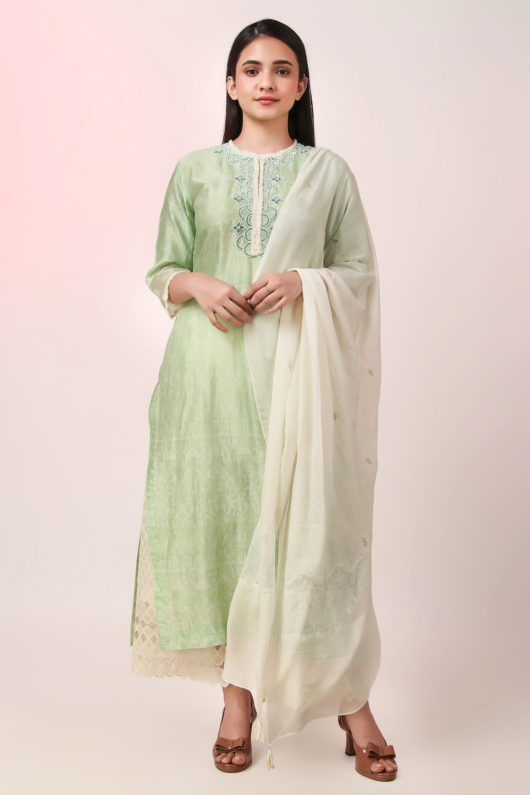 Mint green printed chanderi kurta set