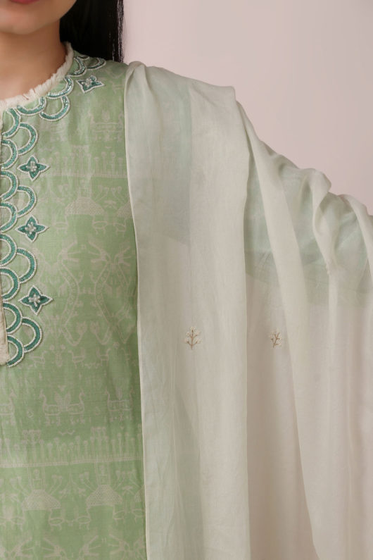 Mint green printed chanderi kurta set - Image 4
