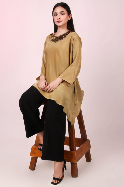 Gold neckline embroidery asymmetric top - Image 3