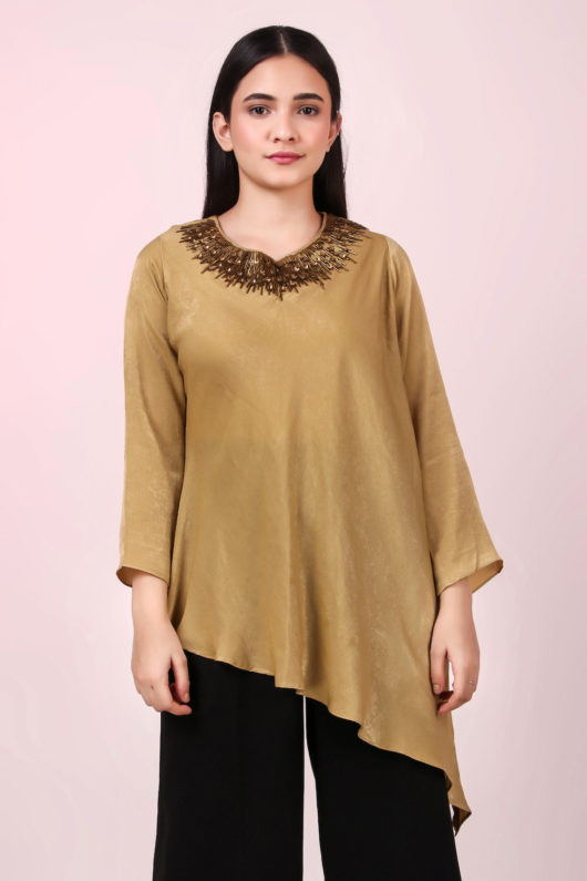 Gold neckline embroidery asymmetric top