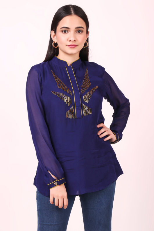 Indigo shirt with pipe embroidery