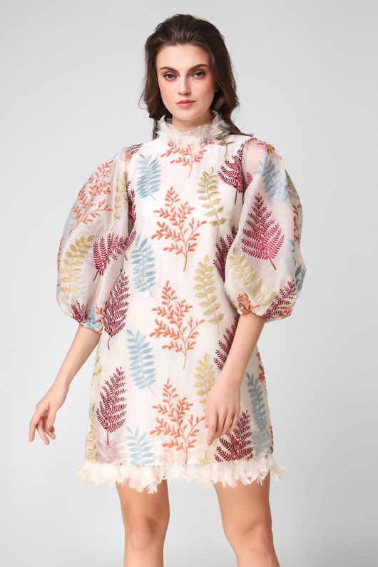 Fern Organza Dress with Feathers