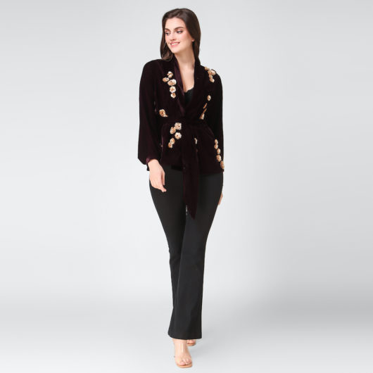 Velvet Blazer with 3D floral Embroidery- Deep Purple - Image 2