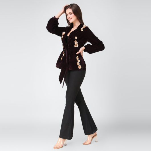 Velvet Blazer with 3D floral Embroidery- Deep Purple - Image 3