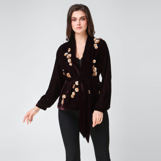 Velvet Blazer with 3D floral Embroidery- Deep Purple