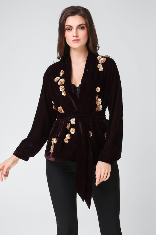 Velvet Blazer with 3D floral Embroidery- Deep Purple