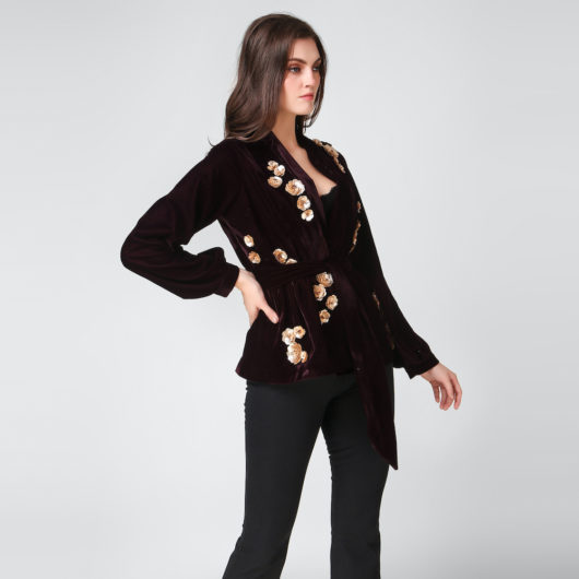 Velvet Blazer with 3D floral Embroidery- Deep Purple - Image 4