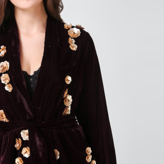 Velvet Blazer with 3D floral Embroidery- Deep Purple - Image 5