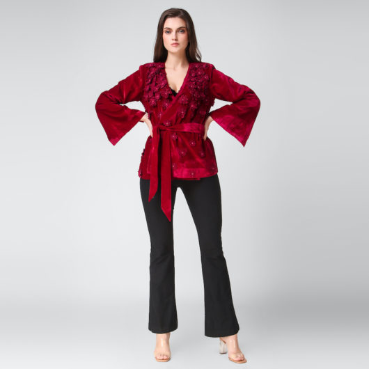 Velvet Blazer with 3D floral Embroidery- Fuchsia