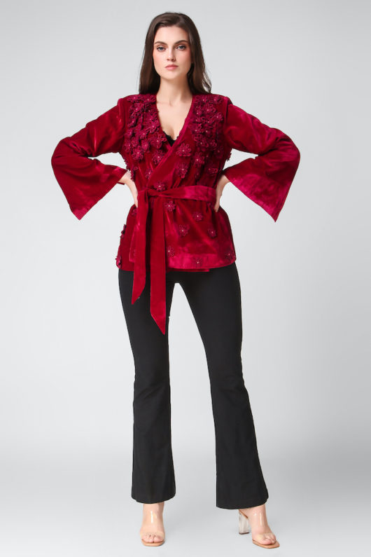 Velvet Blazer with 3D floral Embroidery- Fuchsia