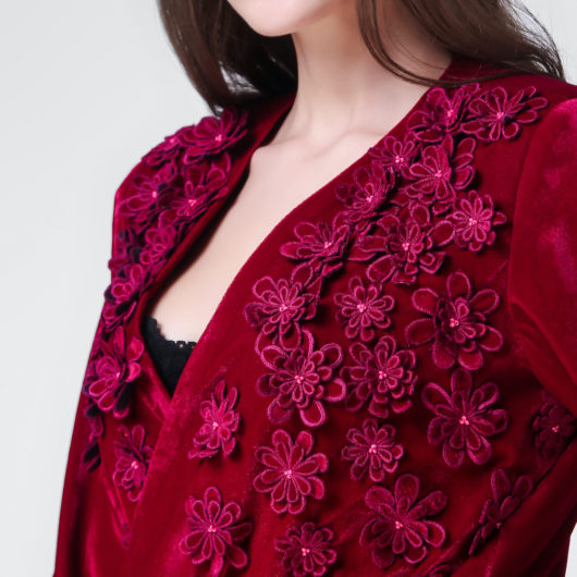 Velvet Blazer with 3D floral Embroidery- Fuchsia - Image 2