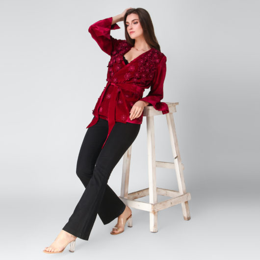 Velvet Blazer with 3D floral Embroidery- Fuchsia - Image 3