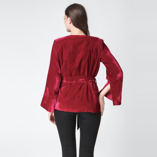 Velvet Blazer with 3D floral Embroidery- Fuchsia - Image 4